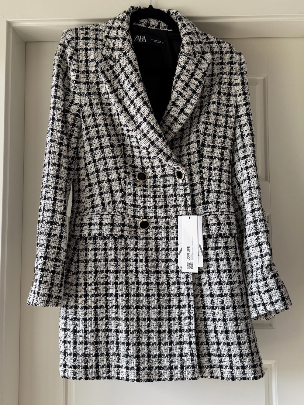 Zara Black & White Tweed Double-Breasted Blazer Coat